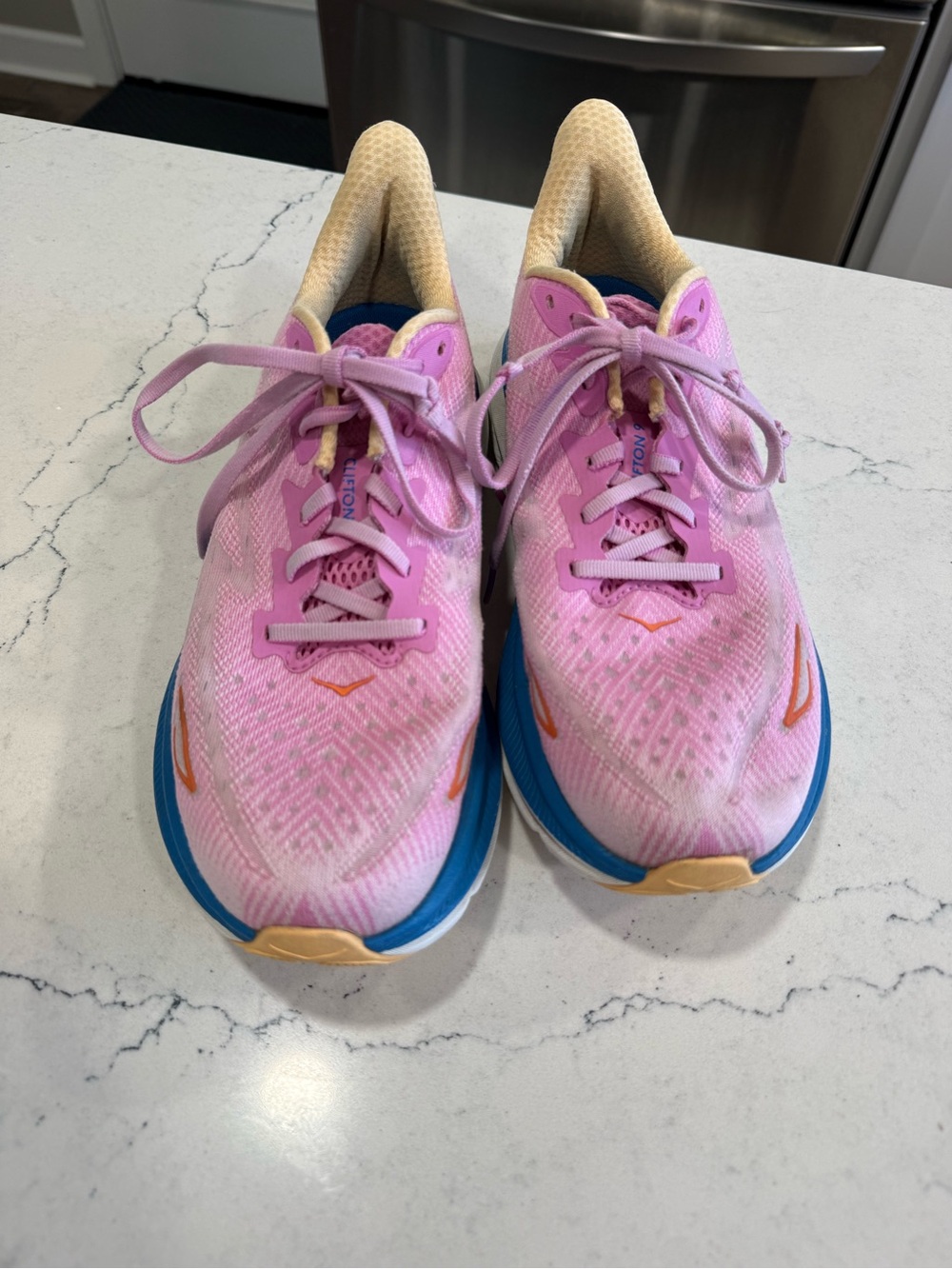 HOKA ONE Clifton 9 Women’s Mesh Lace-Up Running Sneakers Pink Blue - Picture 2 of 8